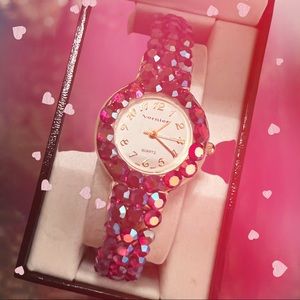 90s y2k vintage vernier glam glitzy pink red rhinestone watch